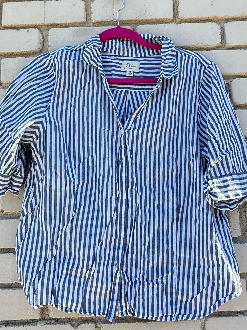J. Crew Striped Button Down Short Sleeve Top in Blue & White - Size Medium